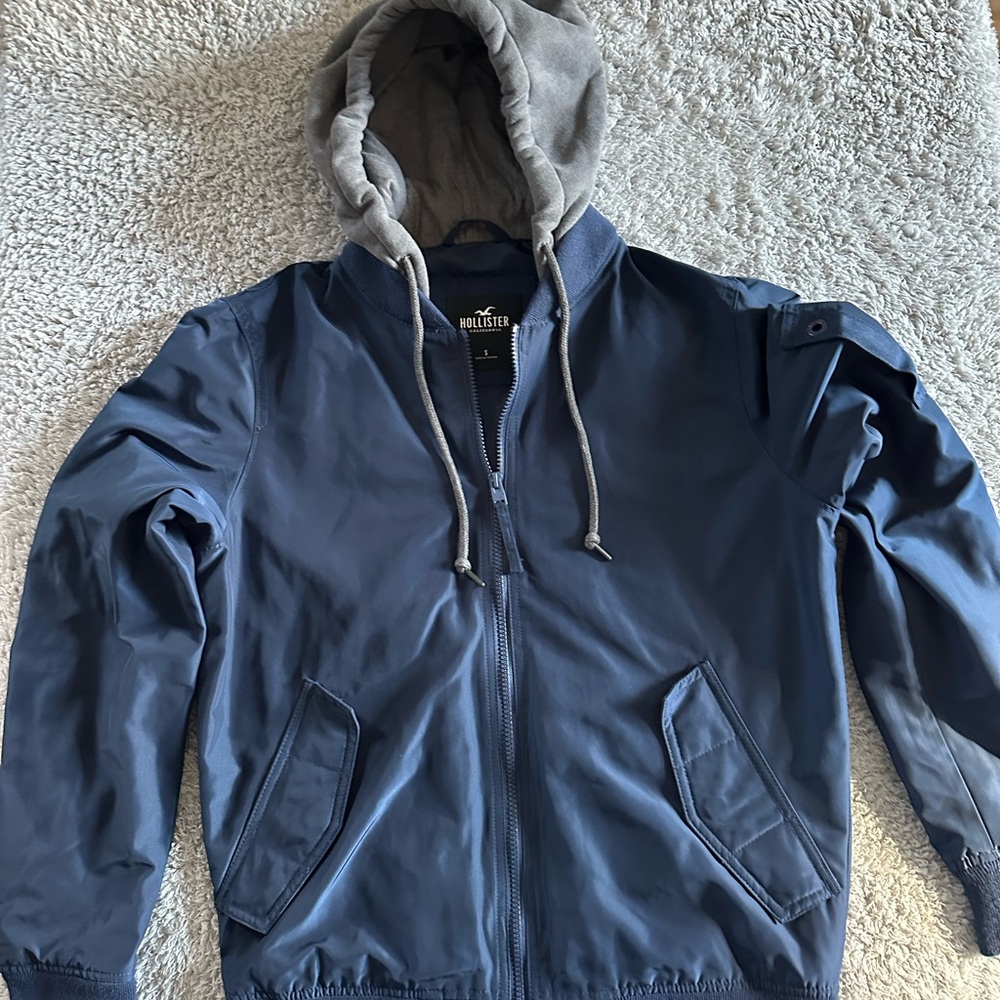 Hollister Men's Navy Bomber Jacket with Gray Hood